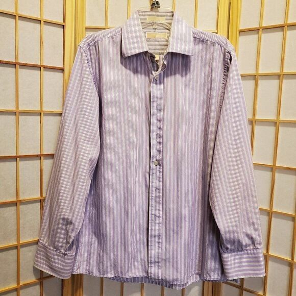 Michael Kors Mens Lavender White Striped Shirt 16 - Picture 1 of 8
